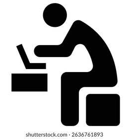 vector illustration of a human icon in a seated position on a chair while looking and operating a laptop. side view. black and white color.