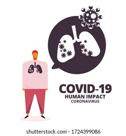 Vector illustration of the human impact of coronavirus (COVID-19) infographic, man with a lung symbol in a circle and coronavirus.Effects of Covid-19 on the patient's lungs concept. Flat design style.