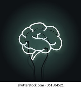 Vector illustration of human intelligence and creativity with human brain. Neon sign on the dark green background.