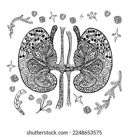 Vector illustration of human internal organs. Colouring book for adults anti-stress. Stylised black and white human kidneys, internal organs