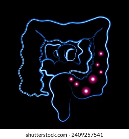 Vector illustration of human intestine with neon effect.Constipation.	