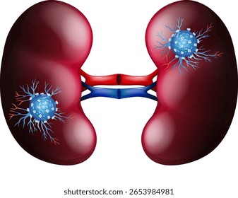 Vector illustration of human kidneys with highlighted structures. Vivid colors and detailed anatomy enhance educational and medical presentations