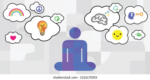 vector illustration of human in lotus yoga posture and positive thoughts for daily meditation benefits
