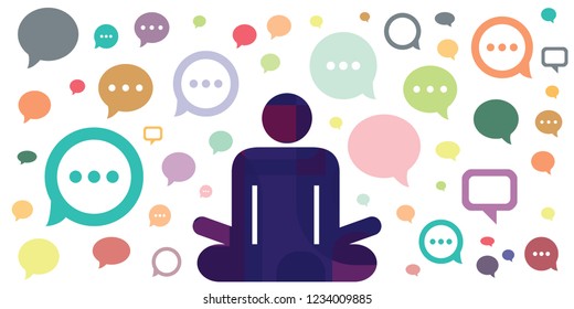 vector illustration of human in lotus yoga posture and many comments for unplugging from informational overload visuals