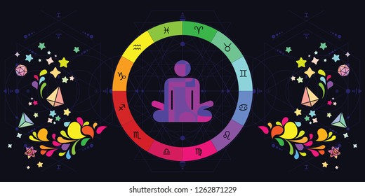 vector illustration of human in lotus yoga posture and colorful zodiac signs circle for astrological yoga visuals