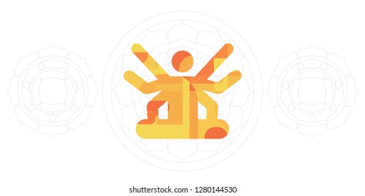 vector illustration of human in lotus yoga posture with many hands and mandala for bright yoga visuals