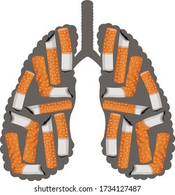 Vector illustration of human lungs and cigarette butts. Smoking