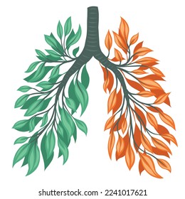 Vector illustration of human lungs from green and orange leaves and branches. Withering health. Old human organ. Save the earth. Сoncept art of spring and autumn lungs isolated from background.