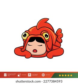 vector illustration of human mascot design in funny fish costume in funny sleeping pose, high resolution can be used in various media.