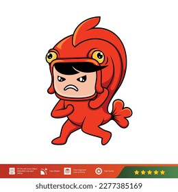 vector illustration of human mascot design in funny fish costume in annoyed pose, high resolution can be used in various media.