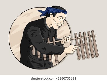 vector illustration of human mascot in traditional sundanese clothes and musical instrument
