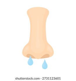 Vektorgrafik einer menschlichen Nase mit fließenden Wassertropfen einzeln auf weißem Hintergrund. Einfaches visuelles Konzept von frühzeitiger Erkrankung, Erkältung, laufende Nase, Grippesymptomen, Unbehagen, saisonaler Krankheit und alltäglichen Gesundheitsproblemen.