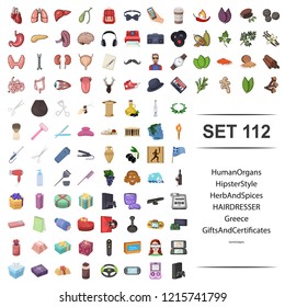 Vector illustration of human, organ, hipster, style, herb, spices, hairdresser greece gift certificates game gadget icon set.