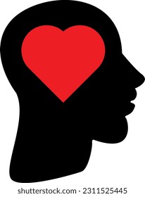 Vector illustration of human profile with a heart on his head. Guided by emotions and think with the heart. Logic and feelings.