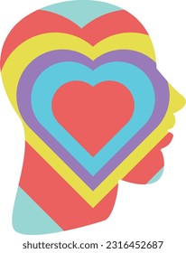 Vector illustration of human profile with heart of different colors. Creative thinking and imagination.