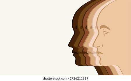 Ilustração vetorial de silhuetas de perfil humano mostrando harmonia na diversidade de tons de pele.