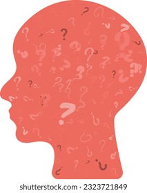 Vector illustration of human profile with various question marks. Questions and questions. confused person. Mysterious person
