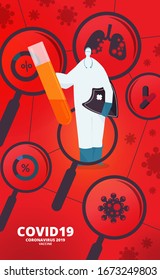 Vector illustration of a human in a protective suit with a mask,wuhan coronavirus symbol and magnifying glass.Covid19 Coronavirus 2019 prevention Vaccine text with virus background.COVID19.