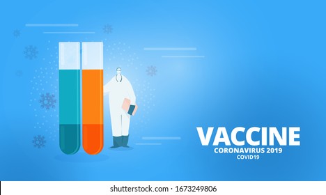 Vector illustration of a human in a protective suit with a mask and test tube symbol.Vaccine, Covid19, Coronavirus 2019 text with blue virus background. coronavirus 2019-nCoV (COVID19)disease concept.