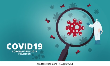 Vektorillustration-Illustration eines Menschen in einem Schutzanzug mit einer Maske, einem Korona-Virus-Symbol und einer Lupe auf Viren- und Medizinhintergrund. Konzept zur Vorbeugung gegen Coronavirus 2019 (Covid19).