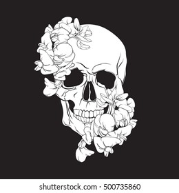 Vector illustration of human realistic skull with flowers made in hand drawn line style. Template for postcard banner poster and print for t-shirt