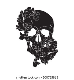 Vector illustration of human realistic skull with flowers made in hand drawn line style. Template for postcard banner poster and print for t-shirt