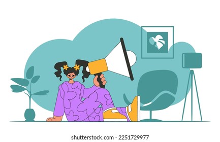 Vector illustration of a human resources specialist. A young woman sits on the floor and holds a megaphone.