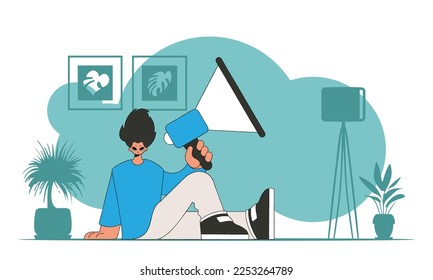 Vector illustration of a human resources specialist. A young guy sits on the floor and holds a megaphone.