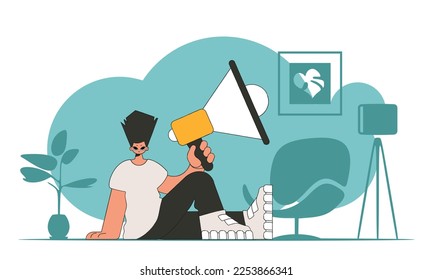 Vector illustration of a human resources specialist. An attractive man sits on the floor and holds a megaphone in his hand.