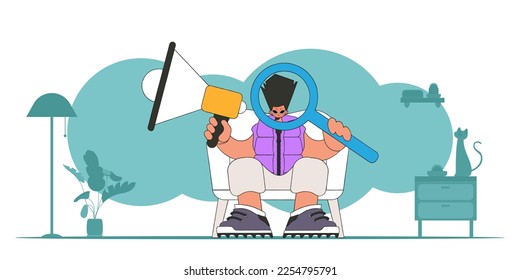Vector illustration of a human resources specialist. An attractive guy sits in a chair and holds a megaphone.