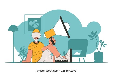 Vector illustration of a human resources specialist. Stylish man sits on the floor and holds a megaphone.