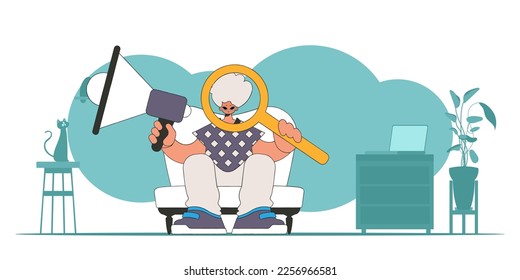 Vector illustration of a human resources specialist. An attractive guy sits in a chair and holds a megaphone in his hand.
