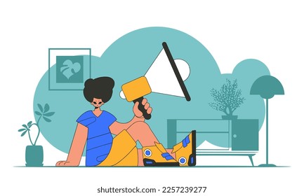 Vector illustration of a human resources specialist. Stylish man sits on the floor and holds a megaphone in his hand.