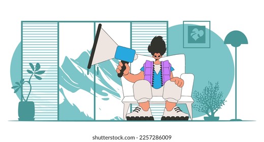 Vector illustration of a human resources specialist. Stylish man sits in a chair and holds a megaphone.