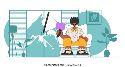 Vector illustration of a human resources specialist. A young guy sits in a chair and holds a megaphone in his hand.
