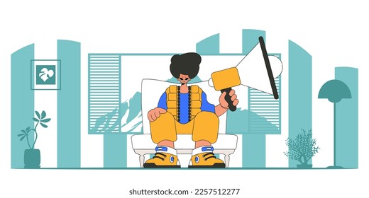 Vector illustration of a human resources specialist. A stylish man sits in a chair and holds a megaphone in his hand.