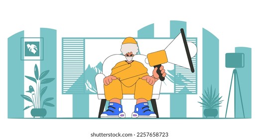 Vektorgrafik eines Personalspezialisten. Ein stylischer Kerl sitzt in einem Stuhl und hält ein Megaphon in der Hand.
