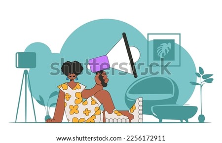 Vector illustration of a human resources specialist. Stylish woman sits on the floor and holds a megaphone in her hand.