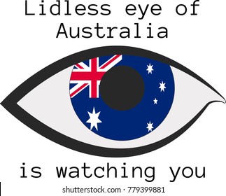 Vector illustration of a human right eye whose iris is painted in the colors of the national flag of Australia  with the text "Lidless eye of Australia  is watching you"