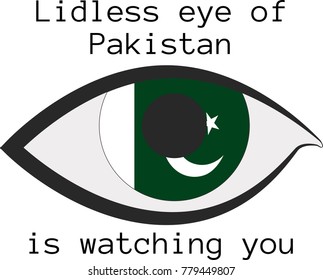 Vector illustration of a human right eye whose iris is painted in the colors of the national flag of Pakistan  with the text "Lidless eye of Pakistan  is watching you"