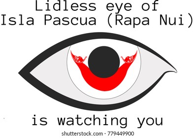 Vector illustration of a human right eye whose iris is painted in the colors of the national flag of Isla Pascua (Rapa Nui)  with the text "Lidless eye of Isla Pascua (Rapa Nui)  is watching you"