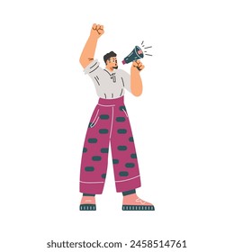 Vector illustration for Human Rights Day: a man with a loudspeaker and raised hand acts as a protest speaker. Single picket on isolated background in flat style.