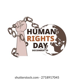 Ilustración vectorial para el Día de los Derechos Humanos mostrando un puño levantado rompiendo cadenas junto a un globo terráqueo, simbolizando la libertad, la igualdad, la justicia y la solidaridad global el 10 de diciembre