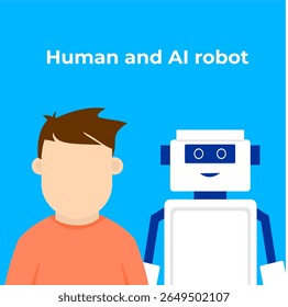 Ilustração vetorial de um humano
e um robô de pé lado a lado,
simbolizando o avanço tecnológico
com IA, estilo de design de arte plana.