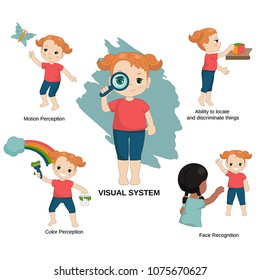 Vector illustration of human senses. Visual sensory system: motion perception, ability to locate and discriminate things, color perception, face recognition.