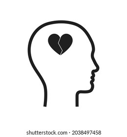 Vector illustration of human silhouette with broken heart in head. Failed romantic love or mental disorder.	