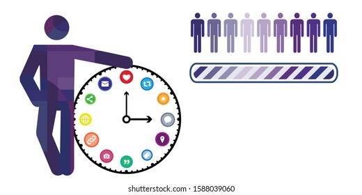 vector illustration of human silhouette clock and social media icons for time management concept