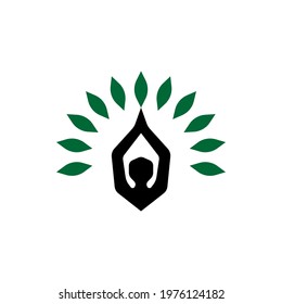 Vector illustration of a human silhouette with a hand over the head with a leaf around it, great for logos and yoga icons