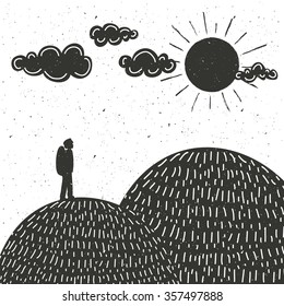 Vector illustration with human silhouette, mountains, clouds, sun. Motivational, inspirational typography poster. The concept of the unity of man and nature. Travel, adventure, backpacking lifestyle