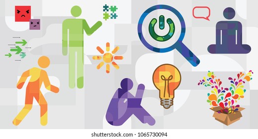 vector illustration of human silhouettes and different symbols for personal growth styles and activities